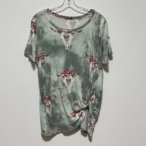 JODIFL Floral bull skull Pattern short sleeve side knot pullover Top